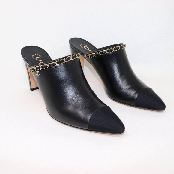 Chanel 38.5 2 Tone Leather Grosgrain Leather Mule Chain CC Detail Heel Boots - Picture 6 of 14
